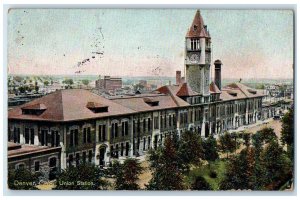 1908 Union Station Train Depot Building Clock Tower Denver Colorado CO Postcard
