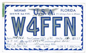 Ham Radio Dentist's QSL Card, Miami, Florida to Fribourg, Switzerland, 1947