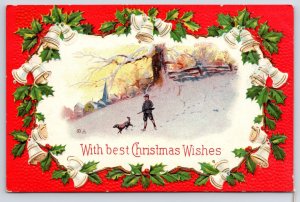 With Best Christmas Wishes Winter Snow Hunter Bells Decors Postcard