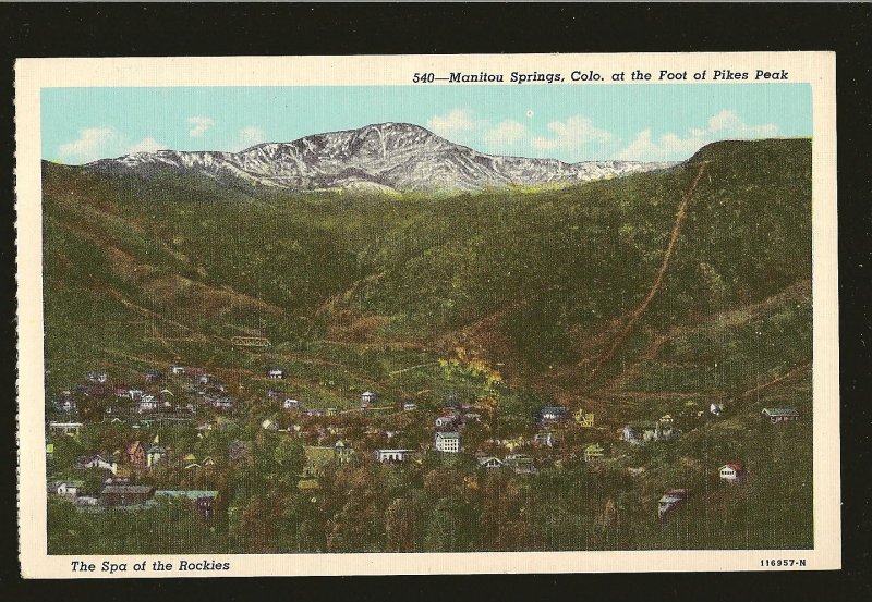 USA Manitou Spring Colorado Foot of Pikes Peak Spa of The Rockies Linen Postcard