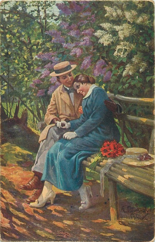 Postcard Artist signed rumpelt unter dem fliederbaum love couple idyl woman hat