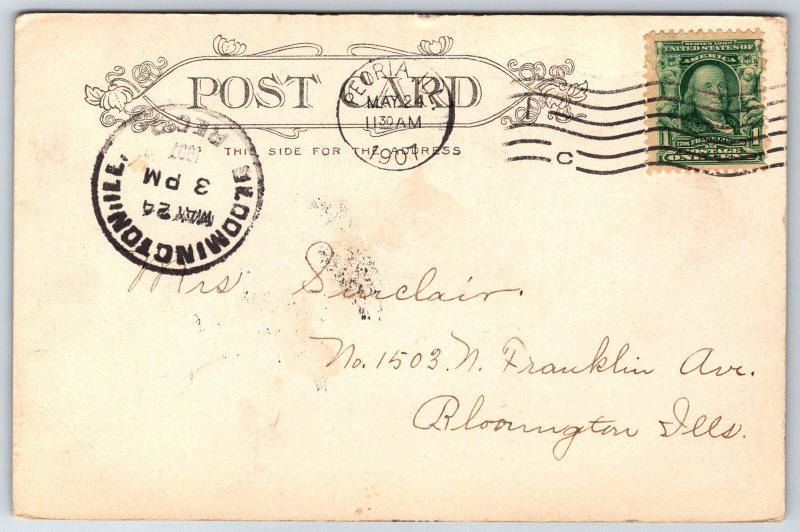 Peoria Illinois~Courthouse Bldg Exterior View~Dome~Memorial Statue~1907 Postcard