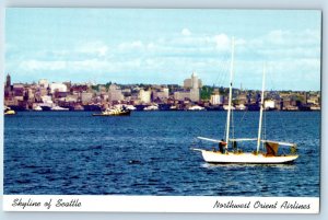 c1950's Skyline Of Seattle Northwest Orient Airlines Boat Seattle WA Postcard