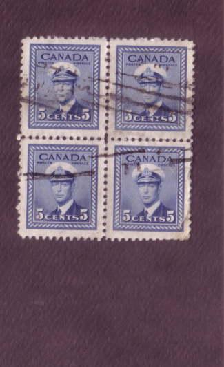 Canada, Used Block of Four, George VI, 5 Cent, Scott #255