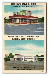 RALEIGH, NC North Carolina ~Roadside Johnny's DRIVE-IN GRILL 1957 Linen Postcard