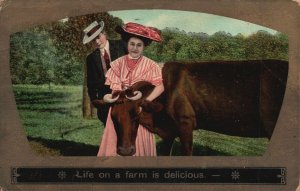 Vintage Postcard 1910's Lovers Couple Moments In The Farm With The Cow