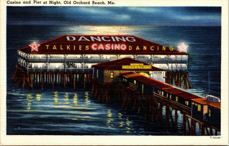 Vtg 1930s Casino and Pier at Night Old Orchard Beach Maine ME Unused Postcard