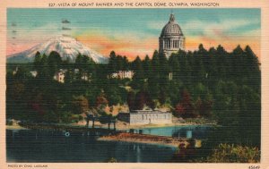 Vintage Postcard 1943 Vista Mount Rainer And Capitol Dome Olympia Washington WA