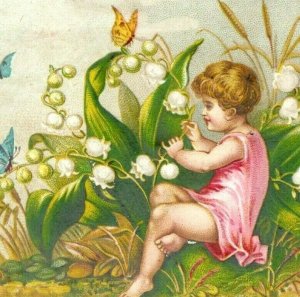 1880s-90s Embossed Victorian Card Lily-Of-The-Valley Cherub Butterflies P213