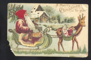 A MERRY CHRISTMAS TO YOU SANTA CLAUS SLEIGHREINDEER 1909 VINTAGE POSTCARD