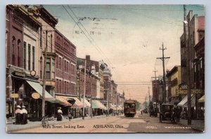 J97/ Ashland Ohio Postcard c1910 Main Street Trolley Stores 331