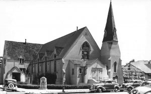 Santa Rosa CA Baptist Church Built w/ Redwood Logs Old Cars Real Photo Postcard