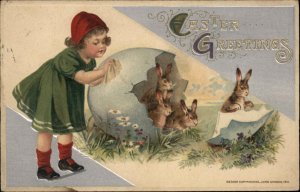 Winsch Easter Fantasy Little Girl Rabbits Hatch Giant Egg c1910 Postcard