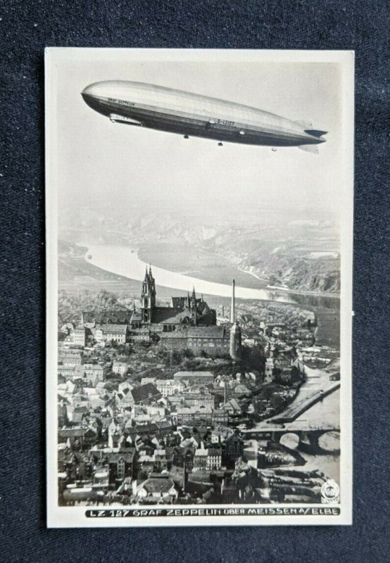 Mint Vintage LZ 127 Graf Zeppelin Flying Over Meissen Germany RPPC