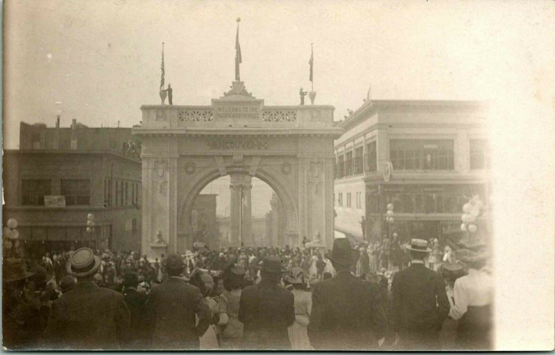 RPPC Vancouver BC Welcome Arch Alaska-Yukon-Pacific Exposition Over Marion St