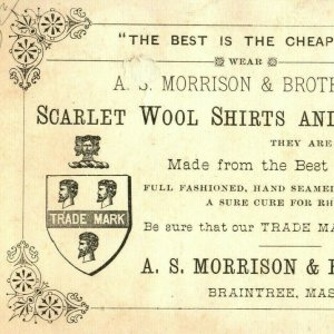 c1880s Braintree, Mass Scarlet Wool Shirts Morrison Trade Card French Child C10