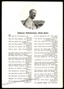 3rd Reich Germany  Adolf Hitler Song Portrait Propaganda Card UNUSED 105168