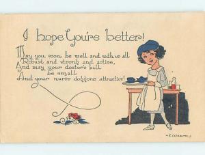 Pre-Linen signed WEAVER - CUTE GIRL WITH TEAPOT AND TEACUP ON TRAY HJ4699