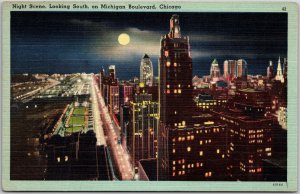 Chicago Illinois ILL, Night Scene, Looking South on Michigan Boulevard, Postcard