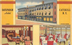 Catskill New York 1940s Postcard Saulpaugh Hotel Multiview Lobby Dining Room