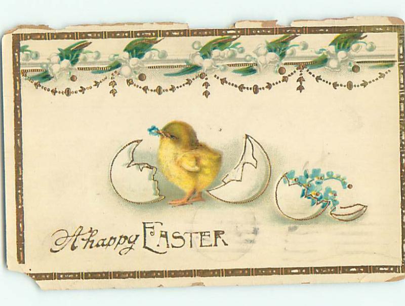 1916 Easter CHICK BESIDE EGG SHELL FULL OF BLUE FLOWERS o6448