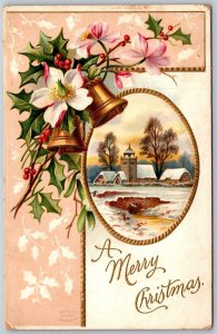 Vtg Merry Christmas Greetings Flowers Bells Church Scene 1910s Embossed Postcard