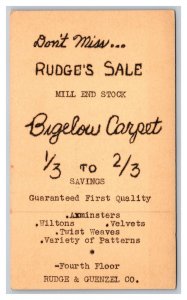 Vintage Early 1900s Private Mailing Postal Card Rudge's Sale Bigelow Carpet