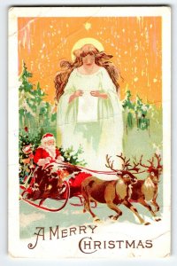 Santa Claus Christmas Postcard Reindeer Sled Large Angel Moon Embossed POOR Cond