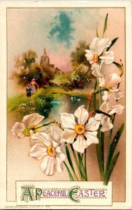 Vintage John Winsch  Beautiful Landscape, Lake, Church, Daisies Easter Postcard