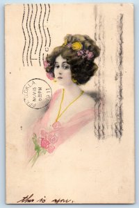 1911 Pretty Woman Fashion Hair Flowers Ponca Oklahoma OK Antique Postcard