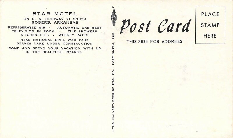 Star Motel, Rogers, Arkansas, Beaver Lake Under Construction, Old Postcard