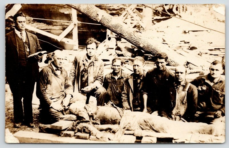 Coal Mine Disaster~Miners Grouped Around Stretcher~Bible Reading~1920s RPPC 