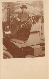 RPPC,  MAN In STUDIO PROP AUTOMOBILE~CAR  1909 Karbo Portrait Photo Postcard