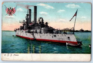 c1905 USS Iowa Battleship US Navy Ship Flag Unposted Antique Postcard