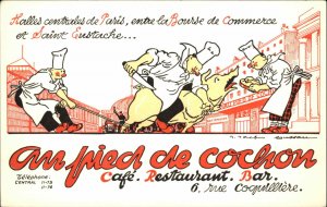 Paris Restaurant Advertising Comic Chefs Fight Pig Rue Coquilliere Postcard