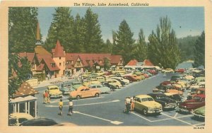 Lake Arrowhead CA The Village, Old Cars, People, Linen Postcard Unused