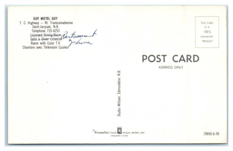 SAINT JACQUES, New Brunswick Canada ~ GUY MOTEL GUY Roadside c1960s  Postcard