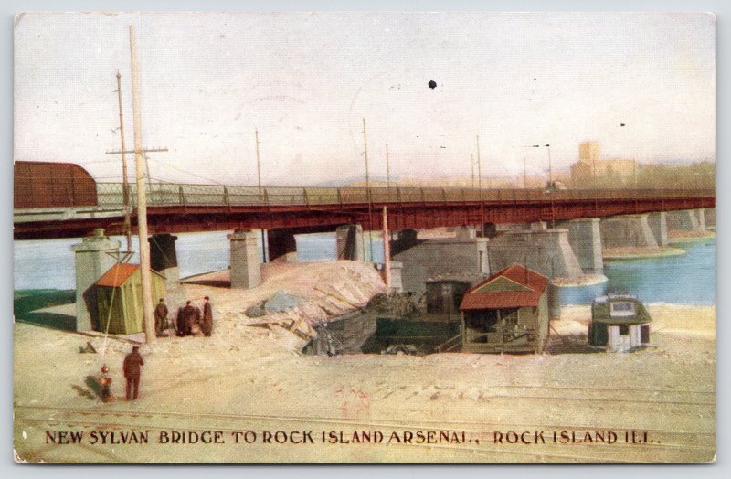Rock Island Illinois~New Sylvan Bridge to RI Arsenal~Workers Below~Shacks~1908