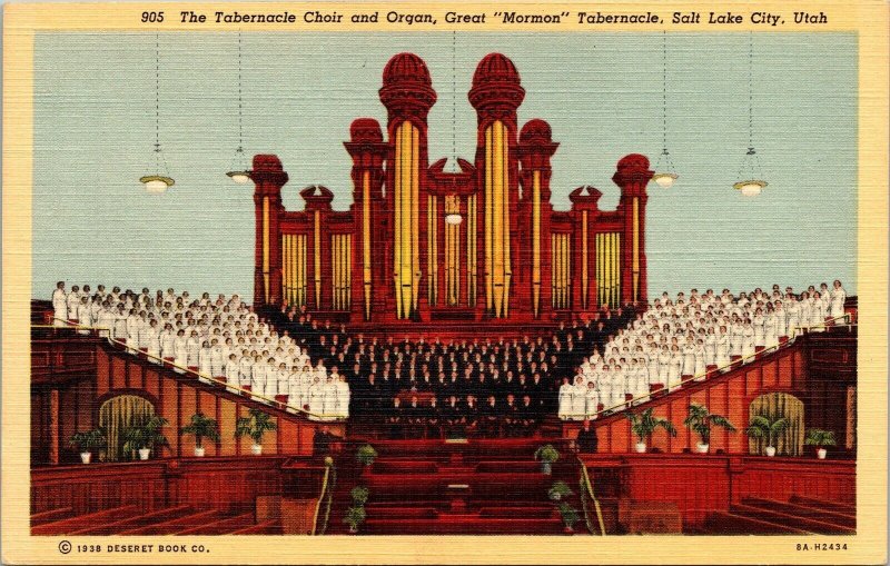 Tabernacle Choir Organ Great Mormon Salt Lake City UT Utah Linen Postcard VTG 