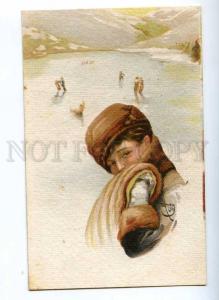 190055 BELLE Lady ICE SKATING by MONESTIER Vintage Italy PC