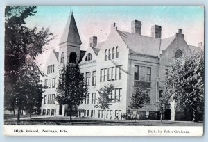 Portage Wisconsin WI Postcard High School Exterior Building 1912 Antique Vintage
