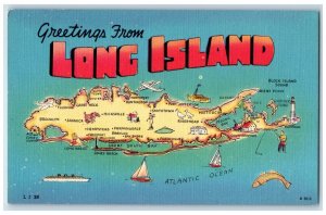 Greetings From Long Island New York NY, Large Letters Map Vintage Postcard