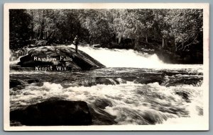 Postcard RPPC c1940s Neopit WI Rainbow Falls Man Fishing Photo by Toburen