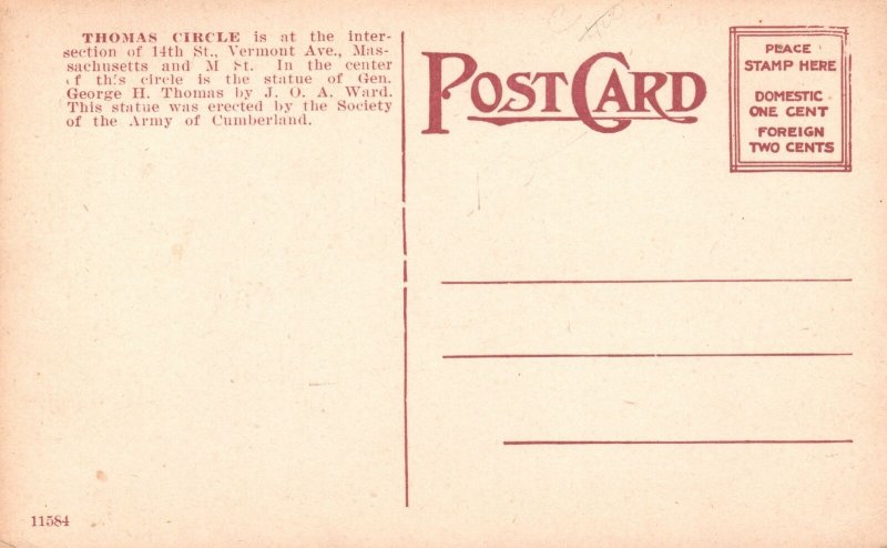 Vintage Postcard 1910's Thomas Circle Intersection Vermont Ave. Washington D. C.