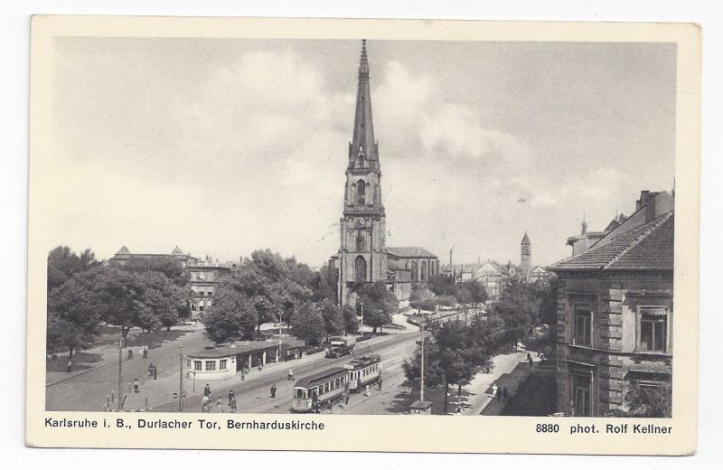 Germany Karlsruhe Church Durlacher Tor Bernharduskirche Vintage Postcard Trolley