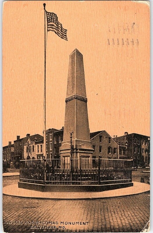 C.1910 Wells and McComas Monument, Baltimore, MD. Postcard P124