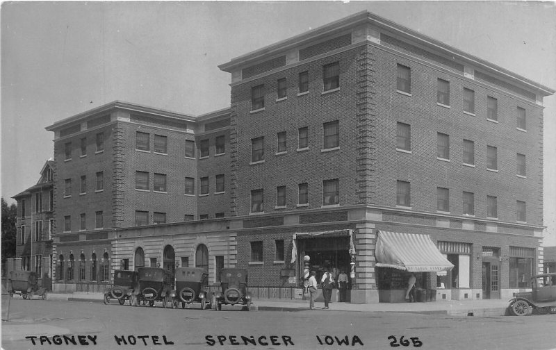 J11/ Spencer Iowa RPPC Postcard c1910 Tagney Hotel Building Autos  98