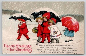 Christmas Ellen Clapsaddle Children In Snow With Umbrellas Postcard U26