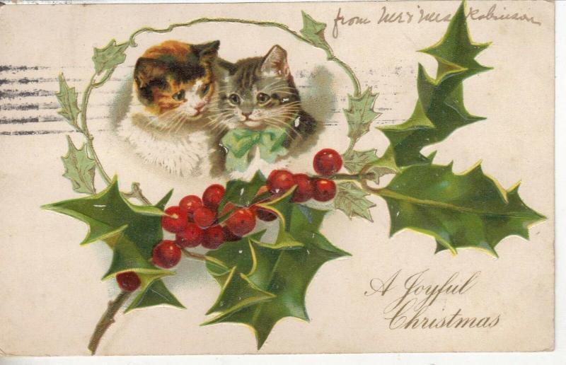 Joyful Christmas greetings with kittens holly berries antique pc (Z5226)