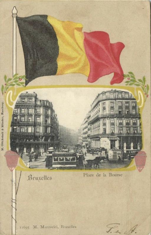 belgium, BRUXELLES BRUSSELS, Place de la Bourse, Tram, Flag Postcard (1899) 